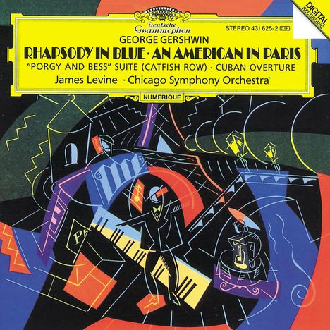 "Rhapsody in Blue: An American in Paris" von George Gershwin, dirigiert von James Levine. Farbige abstrakte Illustration.