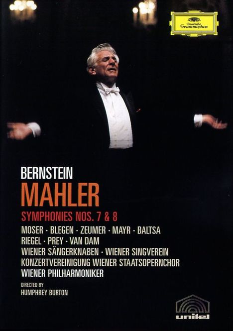 "Bernstein Mahler Symphonies Nos. 7 & 8. Namen: Moser, Blegen, Zeumer, Mayr, Baltsa, Riegel, Prey, Van Dam. Logo oben links."