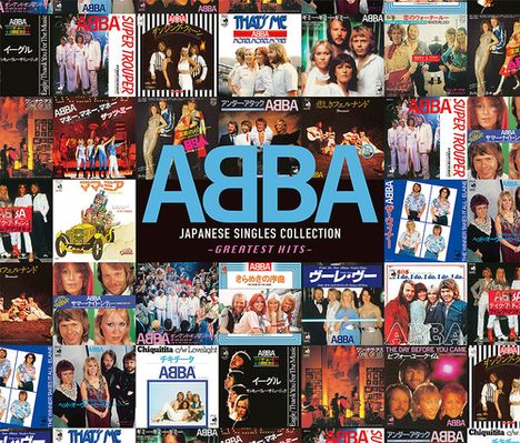 "ABBA Japanese Singles Collection - Greatest Hits" in der Mitte, umgeben von verschiedenen bunten ABBA-Cover-Abbildungen.
