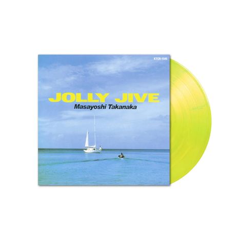 Text: "JOLLY JIVE, Masayoshi Takanaka". Ein Segelboot auf blauem Meer. Gelbe Schallplatte sichtbar.