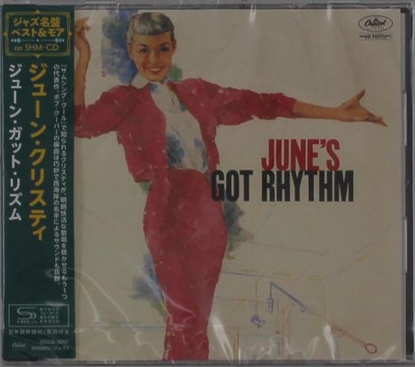 „JUNE'S GOT RHYTHM“ in roter und schwarzer Schrift steht neben einer Illustration einer lachenden Frau in rot. Japanischer Text links.