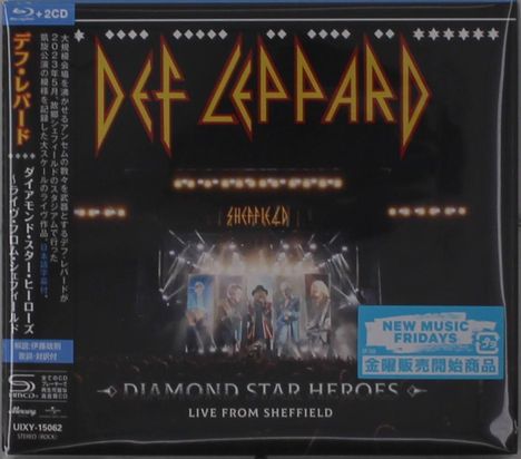 "DEF LEPPARD" in großer Schrift darüber, "DIAMOND STAR HEROES" und "LIVE FROM SHEFFIELD", darunter eine Bühnenaufnahme.