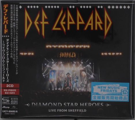 "DEF LEPPARD" in gelber Schrift, darunter "DIAMOND STAR HEROES LIVE FROM SHEFFIELD". Bühnenfoto mit fünf Musikern.