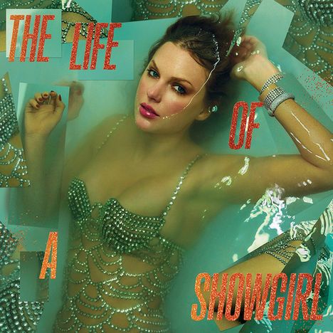 "The Life of a Showgirl" in roten Buchstaben. Frau in glitzerndem Outfit in Wasser, posierend mit Schmuck.