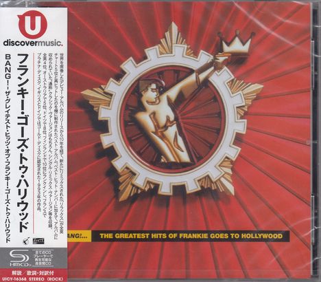 "BANG!… THE GREATEST HITS OF FRANKIE GOES TO HOLLYWOOD." Illustration: Statue hält eine Krone, rotes, strahlenförmiges Design.