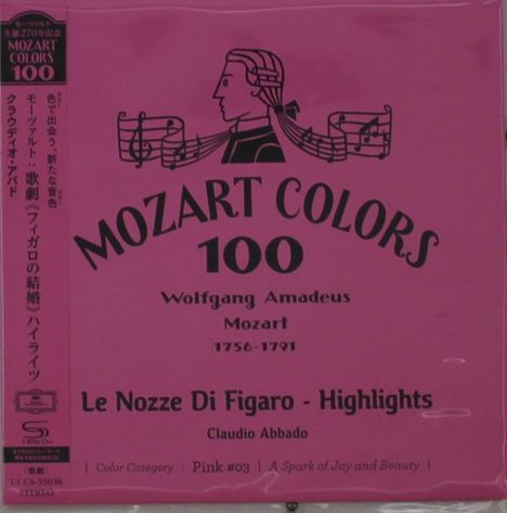 „MOZART COLORS 100, Wolfgang Amadeus Mozart 1756-1791. Le Nozze Di Figaro - Highlights, Claudio Abbado.“ Illustration eines Profils mit Noten.
