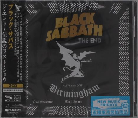 "BLACK SABBATH THE END", daneben eine stilisierte Fledermausfigur. Darunter "Birmingham 4 February 2017". 