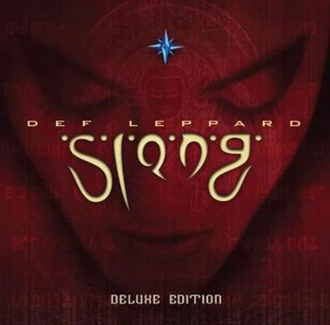 Texte: "DEF LEPPARD", "SLANG", "DELUXE EDITION". Rote, mystische Illustration mit einem Gesicht im Hintergrund.
