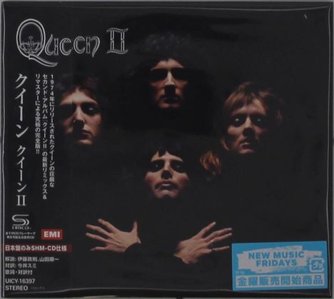 "Queen II" in stilvoller Schrift, vier Köpfe in dunkler Beleuchtung, Japanisch-Text, "EMI" und "New Music Fridays"-Sticker.