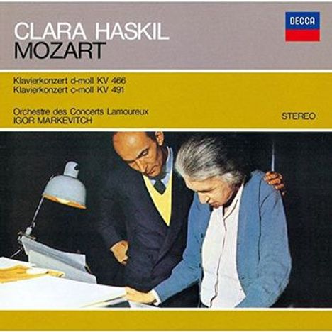 Text oben: "Clara Haskil, Mozart, Klavierkonzert d-moll KV 466, Klavierkonzert c-moll KV 491". 

Rechts daneben ist ein Logo der Marke "DECCA".