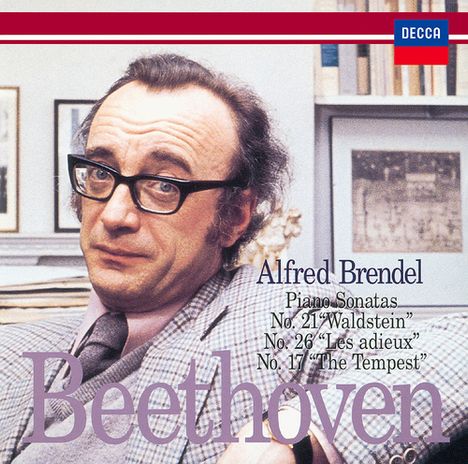 Alfred Brendel, Piano Sonatas No. 21 "Waldstein," No. 26 "Les adieux," No. 17 "The Tempest." Mann in Anzug mit Brille.