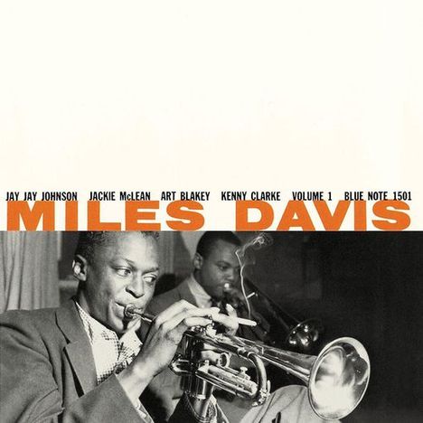 "MILES DAVIS" in großer Schrift. Oben: Jay Jay Johnson, Jackie McLean, Art Blakey, Kenny Clarke, Volume 1, Blue Note 1501. Schwarz-Weiß-Foto eines Trompeters.
