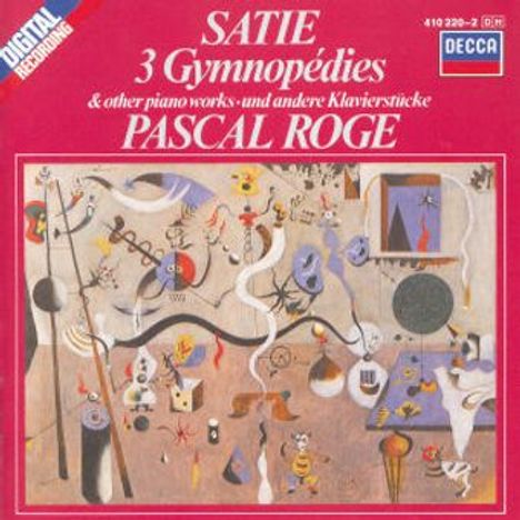 Text: "3 Gymnopédies, Satie Piano Works, Pascal Rogé". Eine CD-Hülle mit abstrakter Kunst.