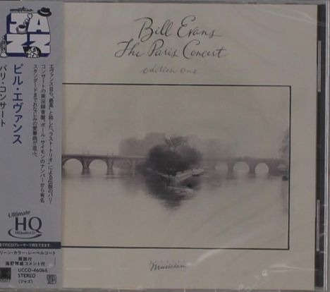 "Bill Evans The Paris Concert edition one" zeigt eine sepia-getönte Fotografie einer Brücke über einem ruhigen Fluss. Links Jazz-Text.