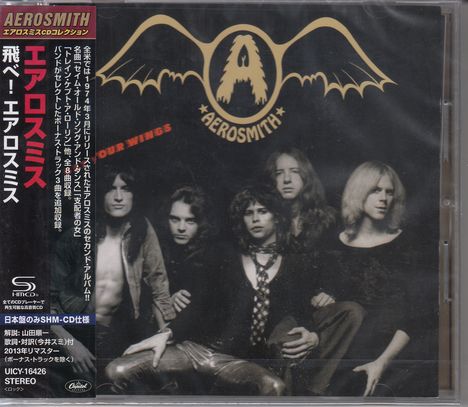 Das Bild zeigt das Wort "Aerosmith" mit japanischen Schriftzeichen, fünf Männer und ein geflügeltes "A"-Logo.