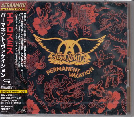 Japanischer und englischer Text, "Aerosmith" und "Permanent Vacation". Buntes Hintergrundmuster aus Blumen und Spielkarten.