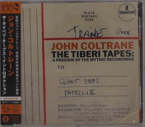 "JOHN COLTRANE THE TIBERI TAPES: A PREVIEW OF THE MYTHIC RECORDINGS TO GIANT STEPS SATELLITE." Links vertikaler Text, oben Impulse!-Logo.