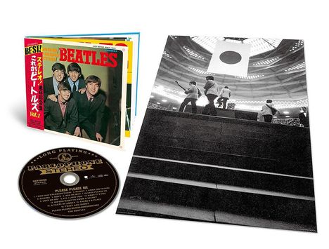 "Best! Beatles Vol. 1" Albumcover mit Foto der Band, CD mit Titeln und Schwarz-Weiß-Fotografie eines Konzerts.