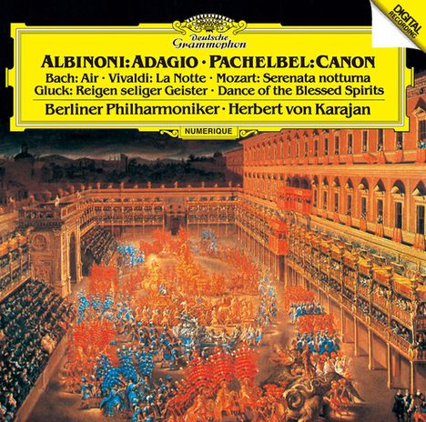 Oben gelb: Albinoni, Pachelbel, Bach, Vivaldi, Mozart, Gluck. Unten: Berliner Philharmoniker, Herbert von Karajan. Illustration: Barockes Innenleben mit bunten Figuren.