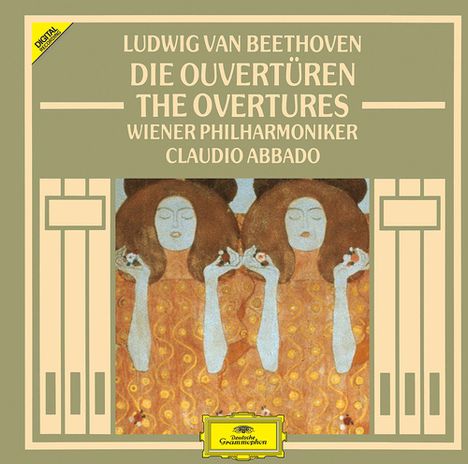 Text: "Ludwig van Beethoven, Die Ouvertüren, The Overtures, Wiener Philharmoniker, Claudio Abbado." Illustration von zwei elegant gekleideten Personen.