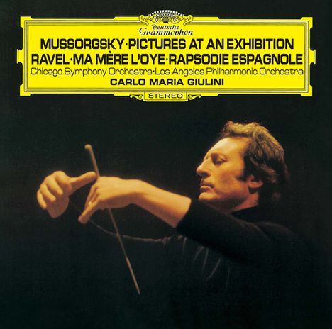 Text: "Mussorgsky: Pictures at an Exhibition. Ravel: Ma Mère l'Oye; Rhapsodie Espagnole." Dirigent beim Dirigieren.