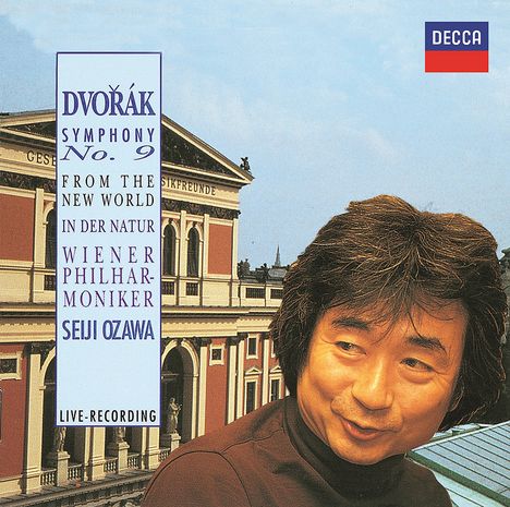 "Dvořák Symphony No. 9, Wiener Philharmoniker, Seiji Ozawa, Live-Recording." Mann vor klassischem Gebäude, oben rechts ein Logo.