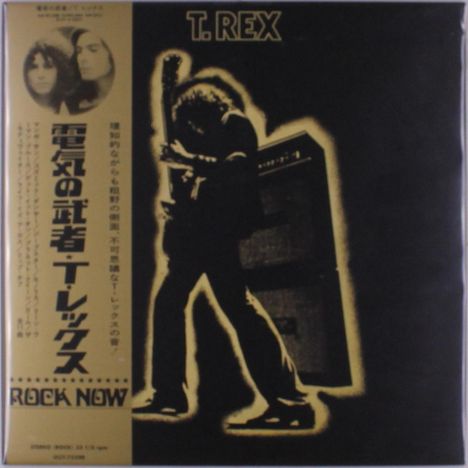 Text: "T. Rex", japanische Schriftzeichen, "Rock Now". Ein Mann in Silhouette spielt Gitarre vor einem Verstärker.