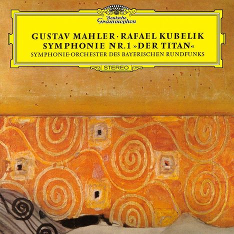 Gelbes Label: Gustav Mahler, Rafael Kubelik, Symphonie Nr.1 "Der Titan". Illustration mit goldenen Spiralen auf orange.