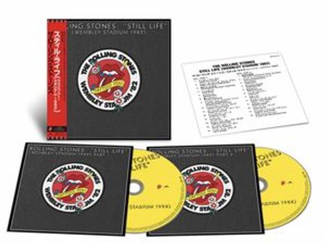 Cover: "Rolling Stones - Still Life (Wembley Stadium 1982)", drei CDs mit Logo, gelb und schwarz, Liste daneben.
