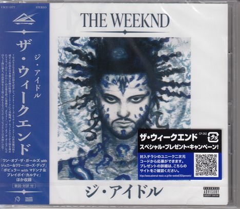 „THE WEEKND“ steht oben. Illustration eines Gesichts mit blauen Mustern, von schwarzen und blauen Haaren umgeben. Japanische Texte.