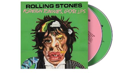 "ROLLING STONES FOREIGN TONGUES, LOOSE LIPS" auf grünem Hintergrund; verzerrtes Porträt, zwei CDs dahinter sichtbar.