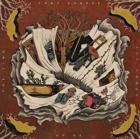 "That Shapes the Coast of Us." Illustration eines Buches mit surrealen Elementen, Pflanzen und Gegenständen.