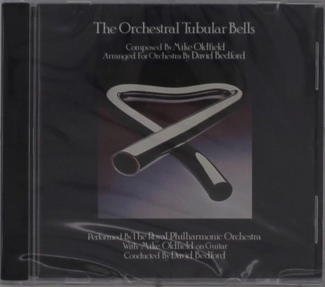 "The Orchestral Tubular Bells" von Mike Oldfield; Bild eines gebogenen, glänzenden Rohres auf schwarzem Hintergrund.