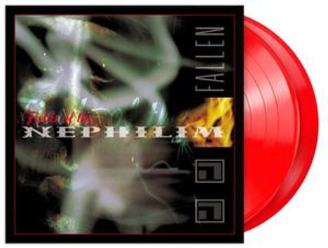 Text: "NEPHILIM", "FALLEN". Zwei rote Vinyl-Schallplatten im Hintergrund, abstrakte und verschwommene grafische Elemente.