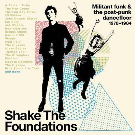 Titel: "Shake The Foundations". Bands: A Certain Ratio, The Pop Group. Illustration mit tanzenden Menschen auf buntem Hintergrund.