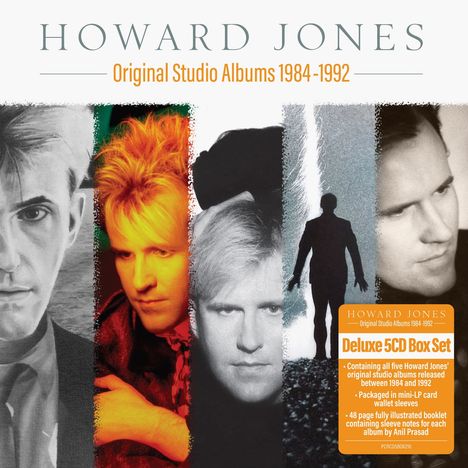 Text: "Howard Jones Original Studio Albums 1984-1992" und "Deluxe 5CD Box Set". Bilder von Howard Jones in verschiedenen Stilen.