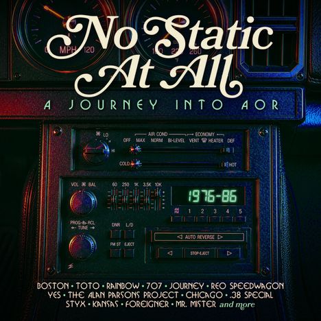 "No Static At All" oben in geschwungener Schrift. Darunter: "A Journey Into AOR" und weitere Bandnamen. Autoradio-Design.