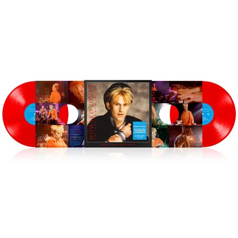"Howard Jones - Let Me Get To Know You" auf rotem Vinyl, mit Konzertfotos und einem Porträt des Künstlers in der Mitte.