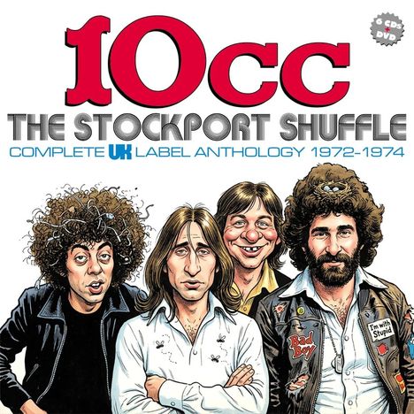 Logo mit roten "10cc", darunter "The Stockport Shuffle", vier Cartoon-Musiker, einer trägt "Bad Boy" und "I'm with Stupid".
