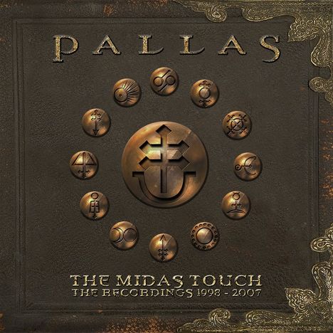 „PALLAS“ oben, „THE MIDAS TOUCH: THE RECORDINGS 1983-2007“ unten. Symbole in Kreisform auf lederartigem Hintergrund.