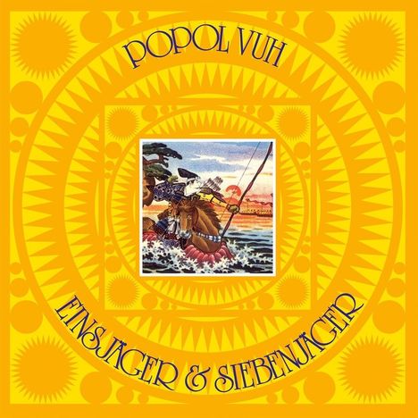 Text: "POPOL VUH", "EINSJÄGER & SIEBENJÄGER". Illustration: Reiter auf einem Pferd im Wasser, gelb-oranges Musterrad.