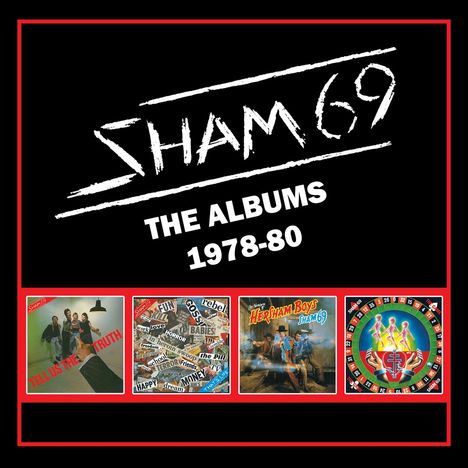 "SHAM 69: THE ALBUMS 1978-80". Vier Albumcover in einer roten Umrandung.
