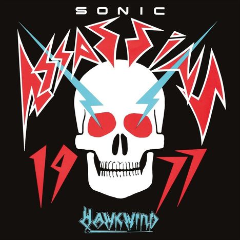 "SONIC ASSASSIN 1977 Hawkwind" ist in einem kräftigen Design um einen weißen Totenkopf angeordnet.