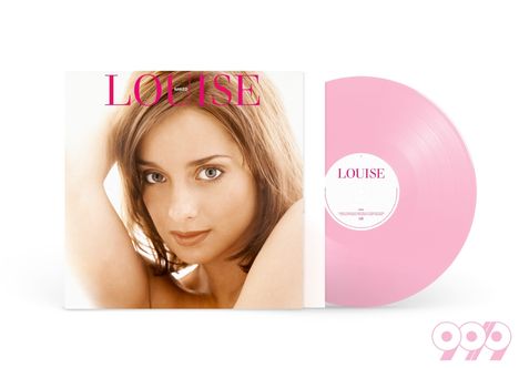Text: "LOUISE", "NAKED". Ein Porträt einer Frau, daneben eine rosa Schallplatte.