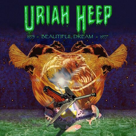 "URIAH HEEP 1975 - BEAUTIFUL DREAM - 1977"; bunte Illustration mit surrealem Flugzeug und Fischen vor leuchtendem Himmel.