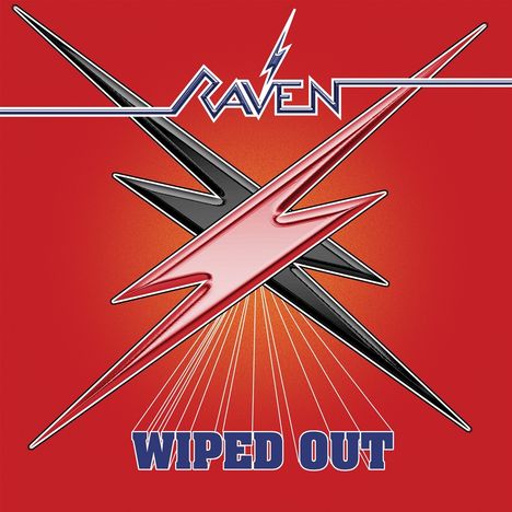 "Raven" und "Wiped Out"; Illustration mit einem stilisierten Blitz auf rotem Hintergrund.