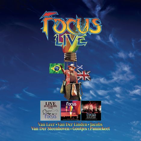 „Focus Live“ in bunter Schrift, Person im Korb eines Heißluftballons mit Flaggen, darunter Alben-Cover und Musikernamen.