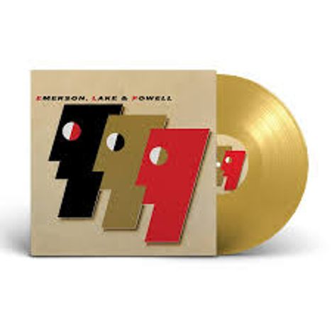 Text: "Emerson, Lake & Powell". Goldene Schallplatte mit stilisierten Gesichtern in Schwarz, Gold und Rot auf dem Cover.