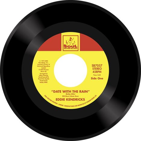 Eine Vinyl-Schallplatte mit gelbem Etikett. Titel: "Date with the Rain". Künstler: Eddie Kendricks. Logo: Soul Brother Records.