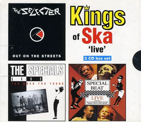 "Kings of Ska 'live', 3 CD box set." Cover mit vier Bildern: The Selecter, The Specials, und Special Beat mit stilisierten Figuren.